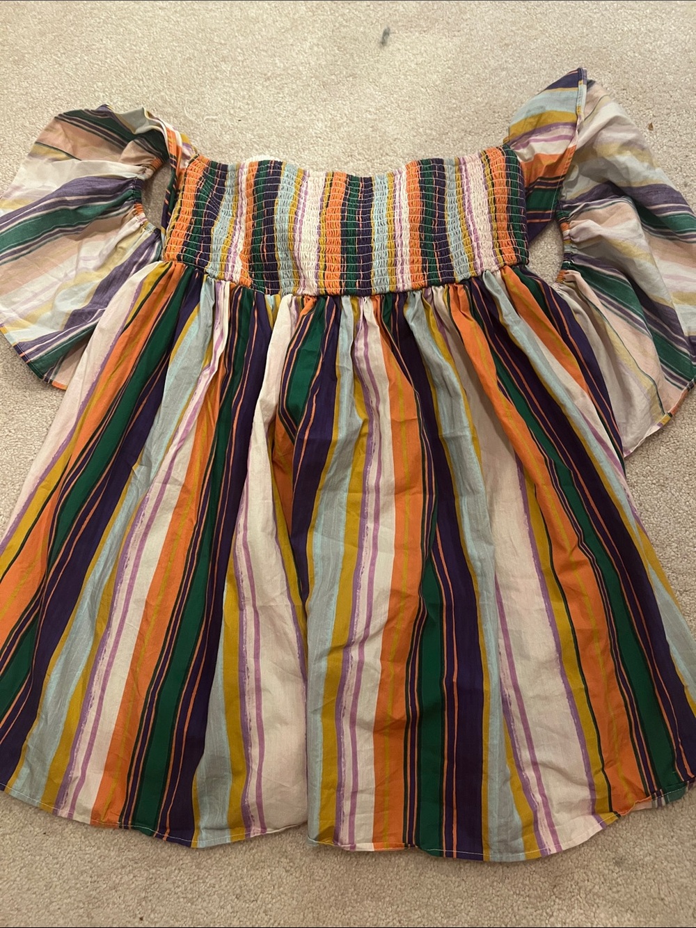 Anthropologie Ruffle Sleeve Open Back Mini Dress | Multicolor Stripe Smocked | L - Picture 7 of 8